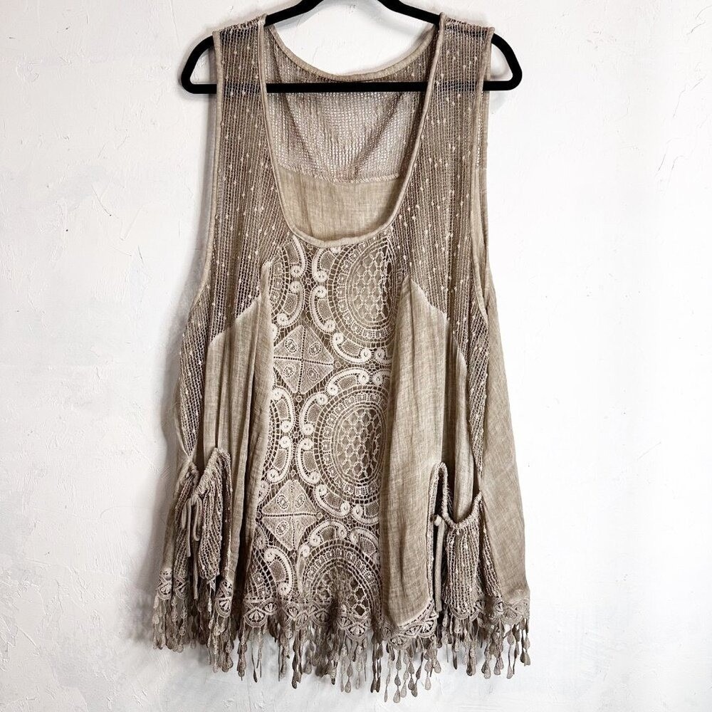 Unbranded Womens Boho Tank Top Pullover Cover Up Tan Indy Lagenlook Fringe M